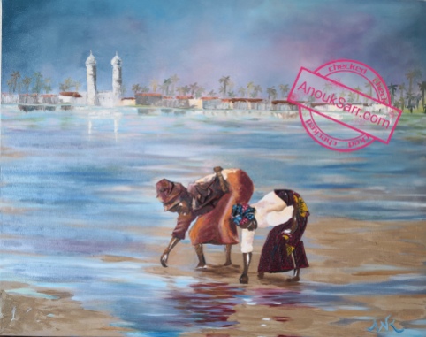 Scene de vie, Dionewar Sénégal, peinture huile sur toile Anouk Sarr